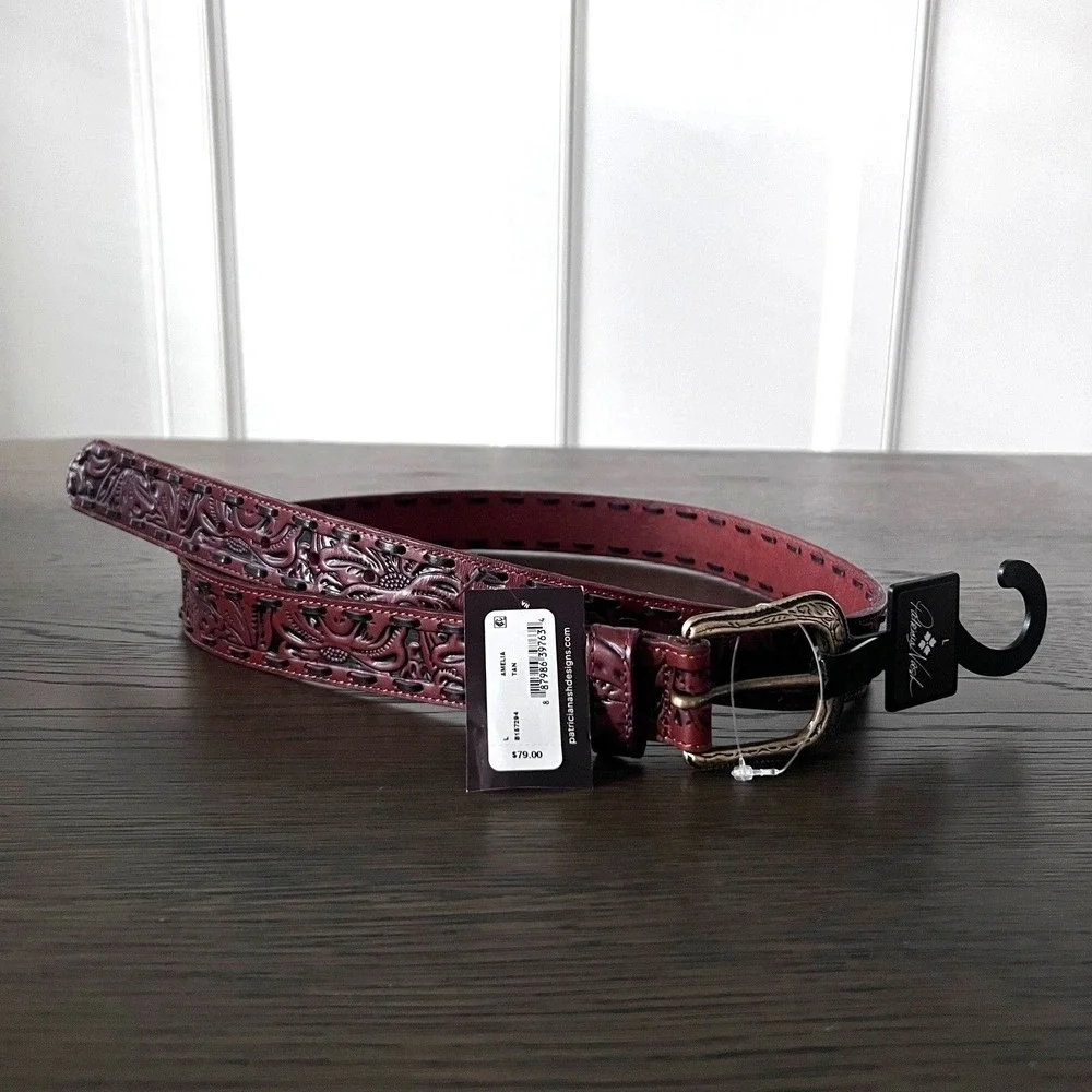 Patricia Nash Amelia Western Tooled Leather Belt Rich‎ Brown Size L NEW MSRP $79